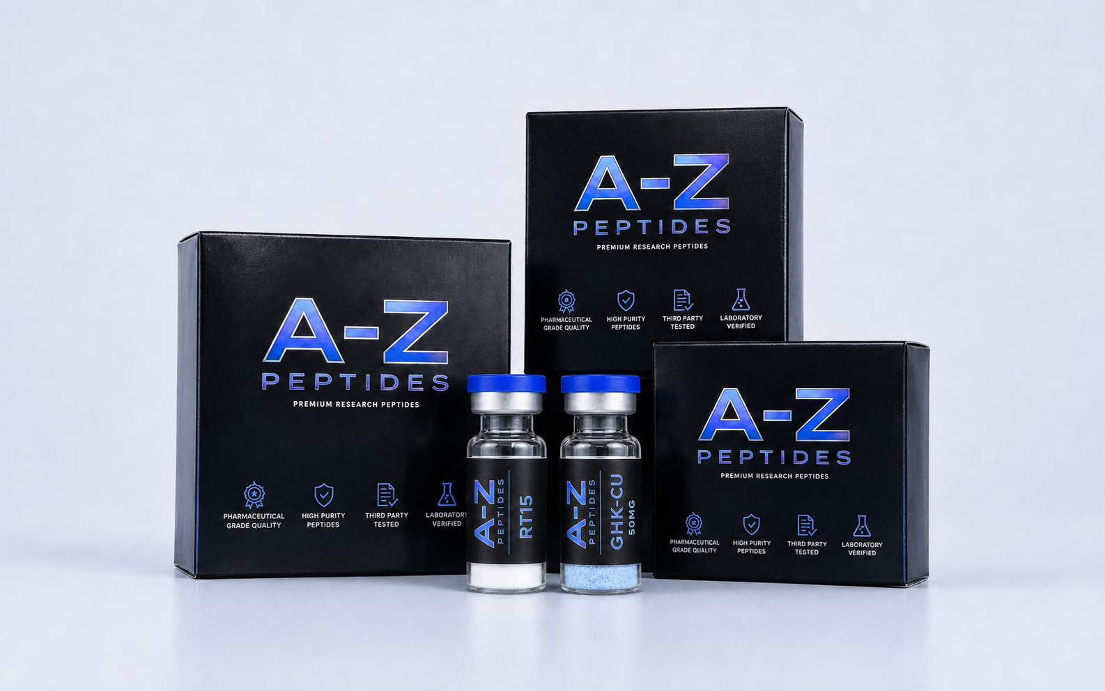 A-Z Peptides packaging and vials arranged on a clean studio background
